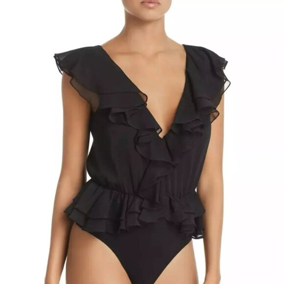 Bardot Emily Ruffled Black Bodysuit US 10/L Sleeveless Peplum Snaps - Picture 1 of 12
